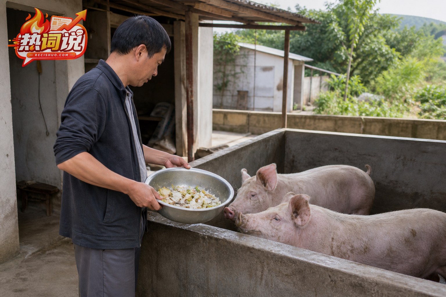 乡村家庭养殖者用盆中少量米饭和蔬菜剩余物饲喂自家两头猪