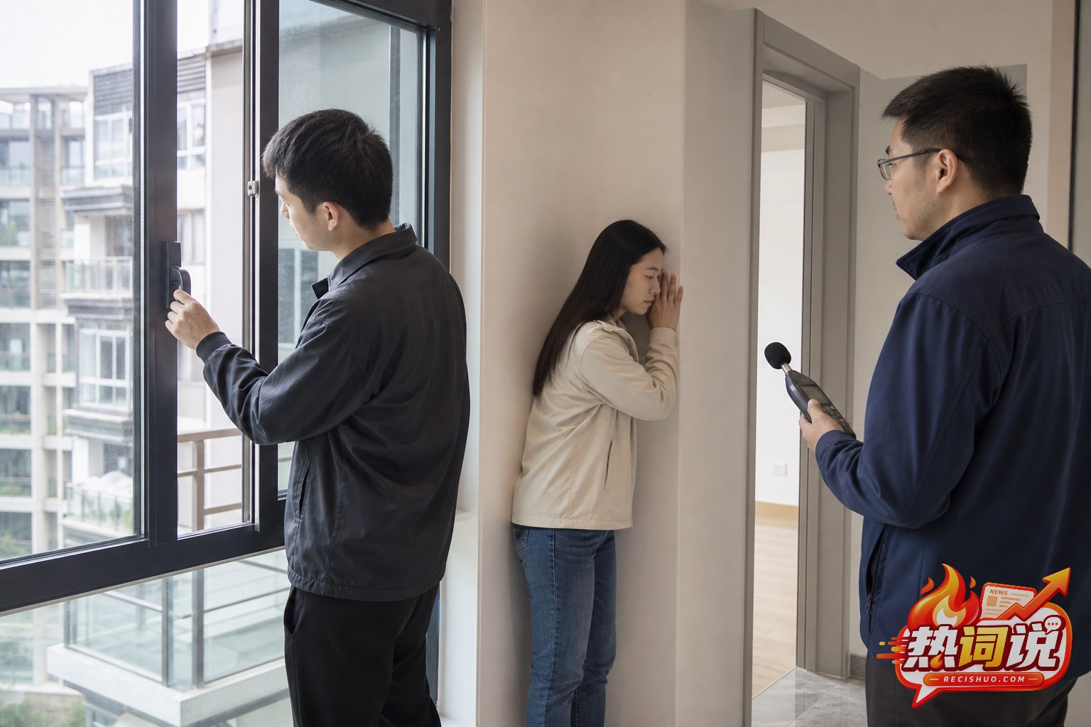 购房者与验房师在新房内检查窗户、墙体和环境噪声