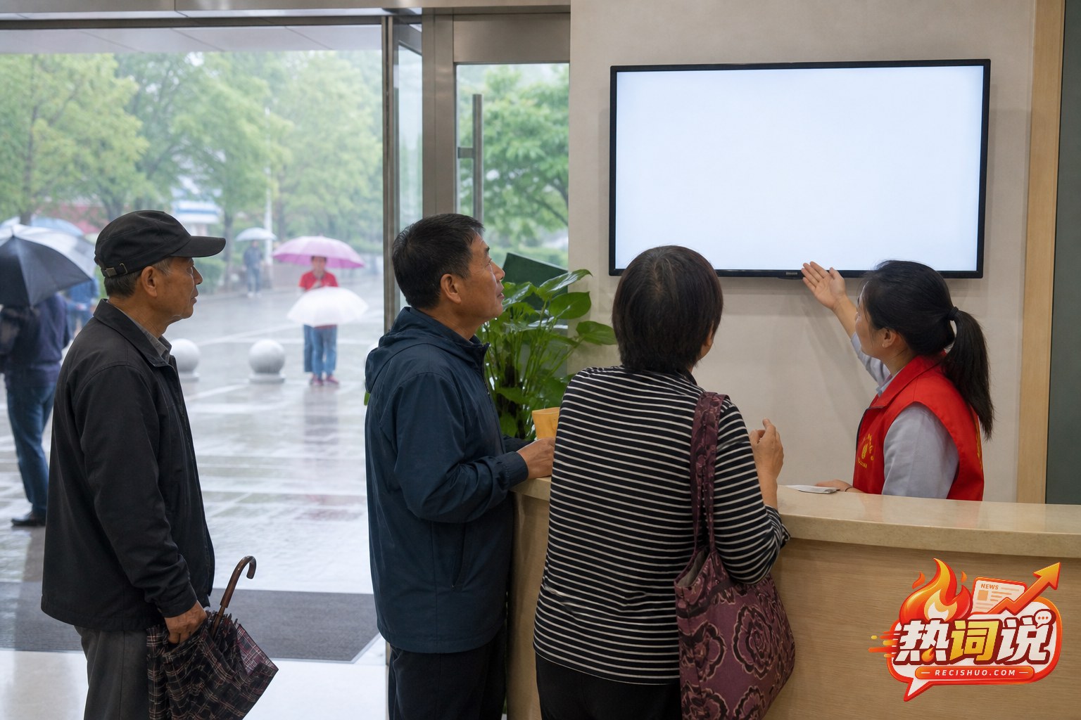 社区工作人员在雨天向居民说明权威防汛信息