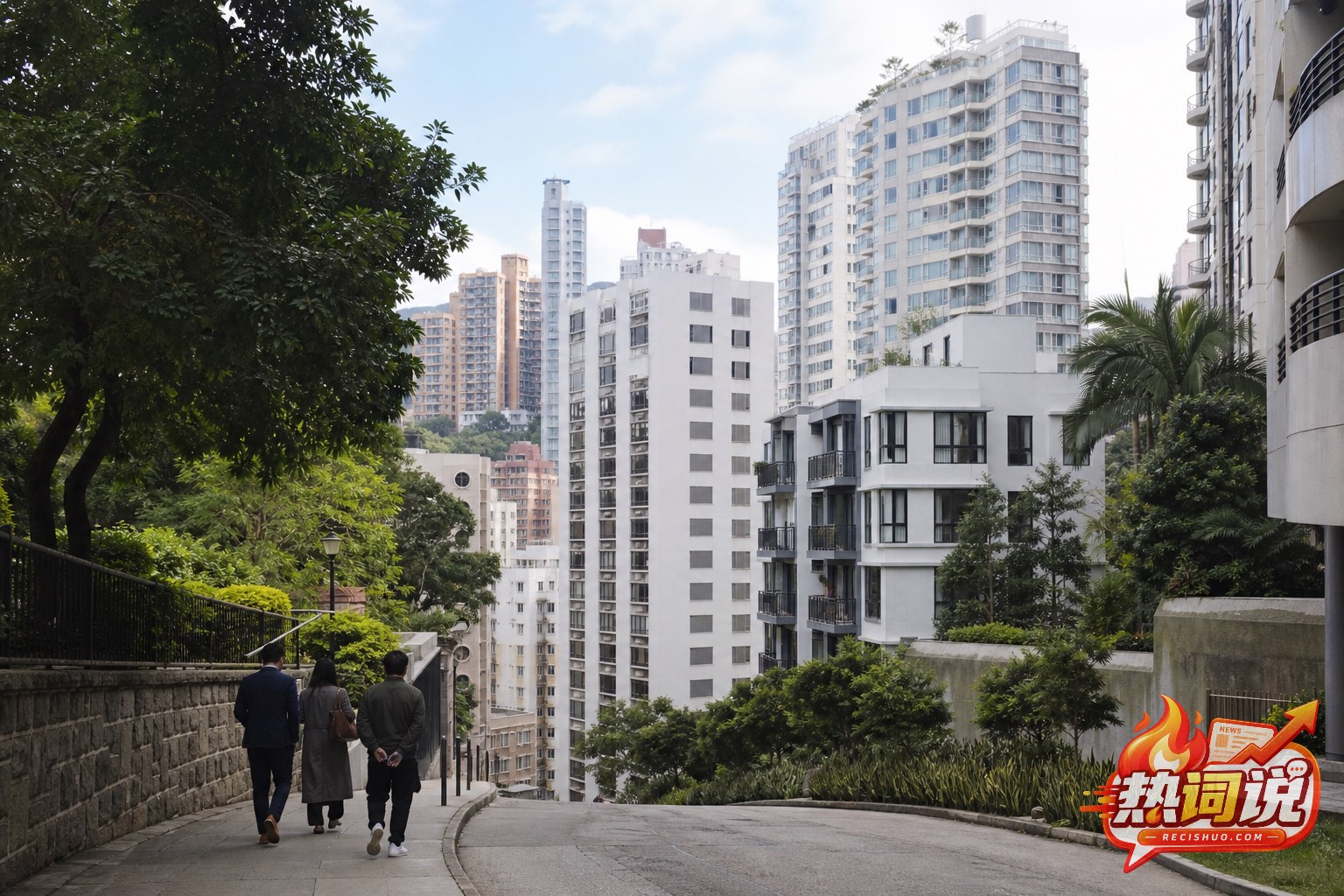 香港核心住宅区坡道、绿化与高层住宅楼群