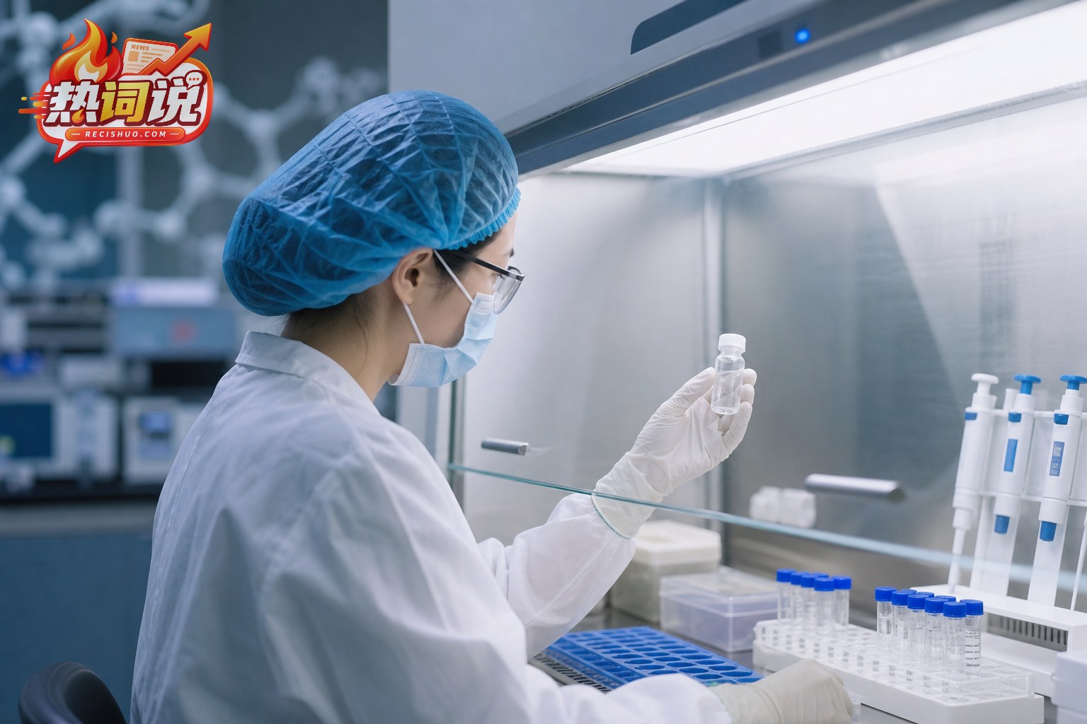 科研人员在现代无菌实验室内观察个体化mRNA肿瘤疫苗研究样本