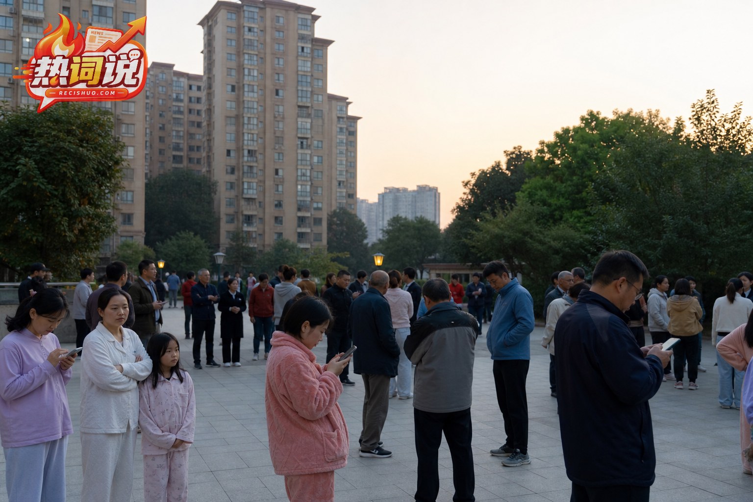 居民在完整住宅楼外的开阔区域有序停留并查看震情信息