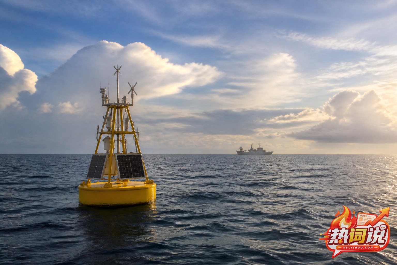 赤道太平洋海面上的气象观测浮标与远处科考船