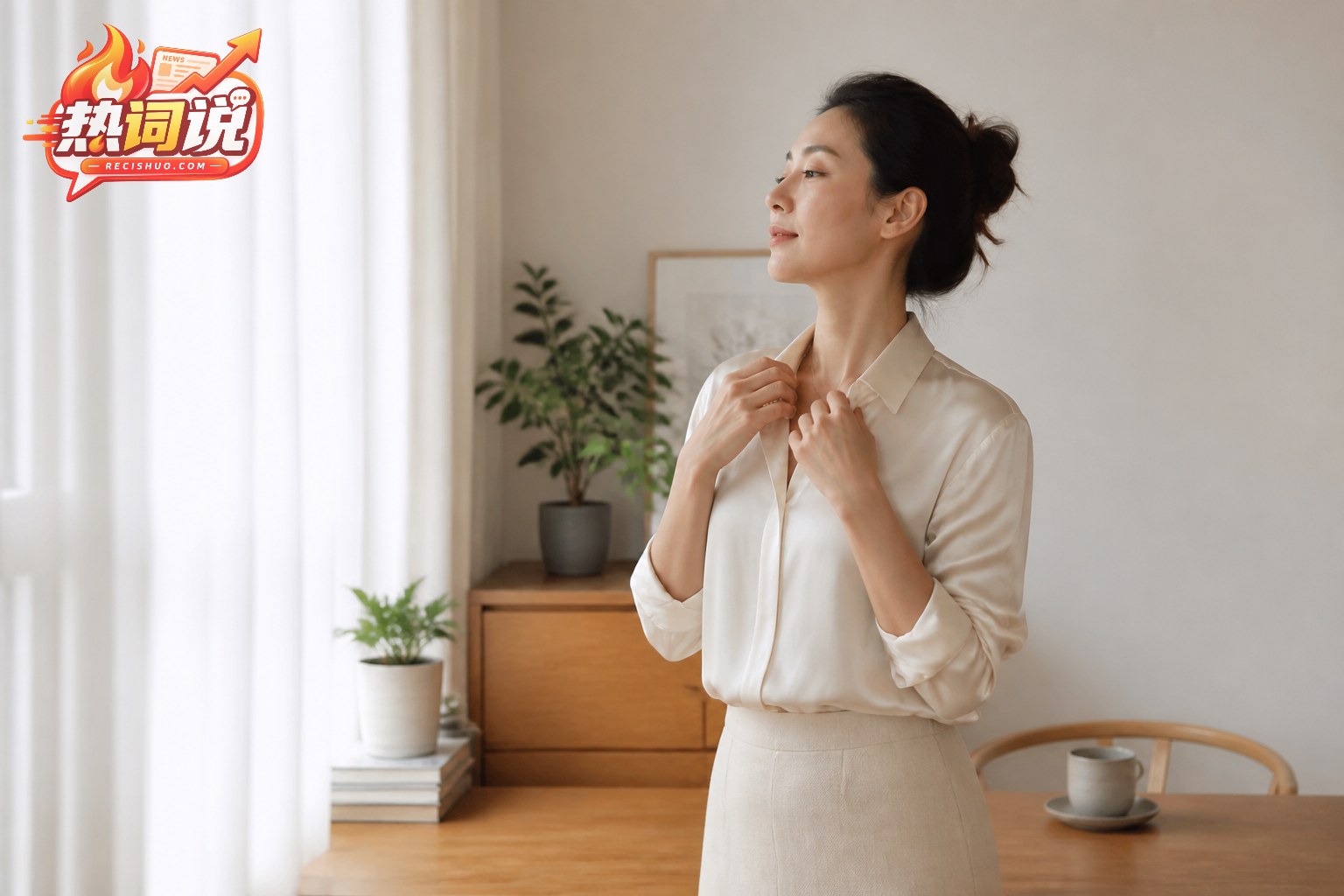 一位成年女性在晨光照亮的家中从容整理衣领