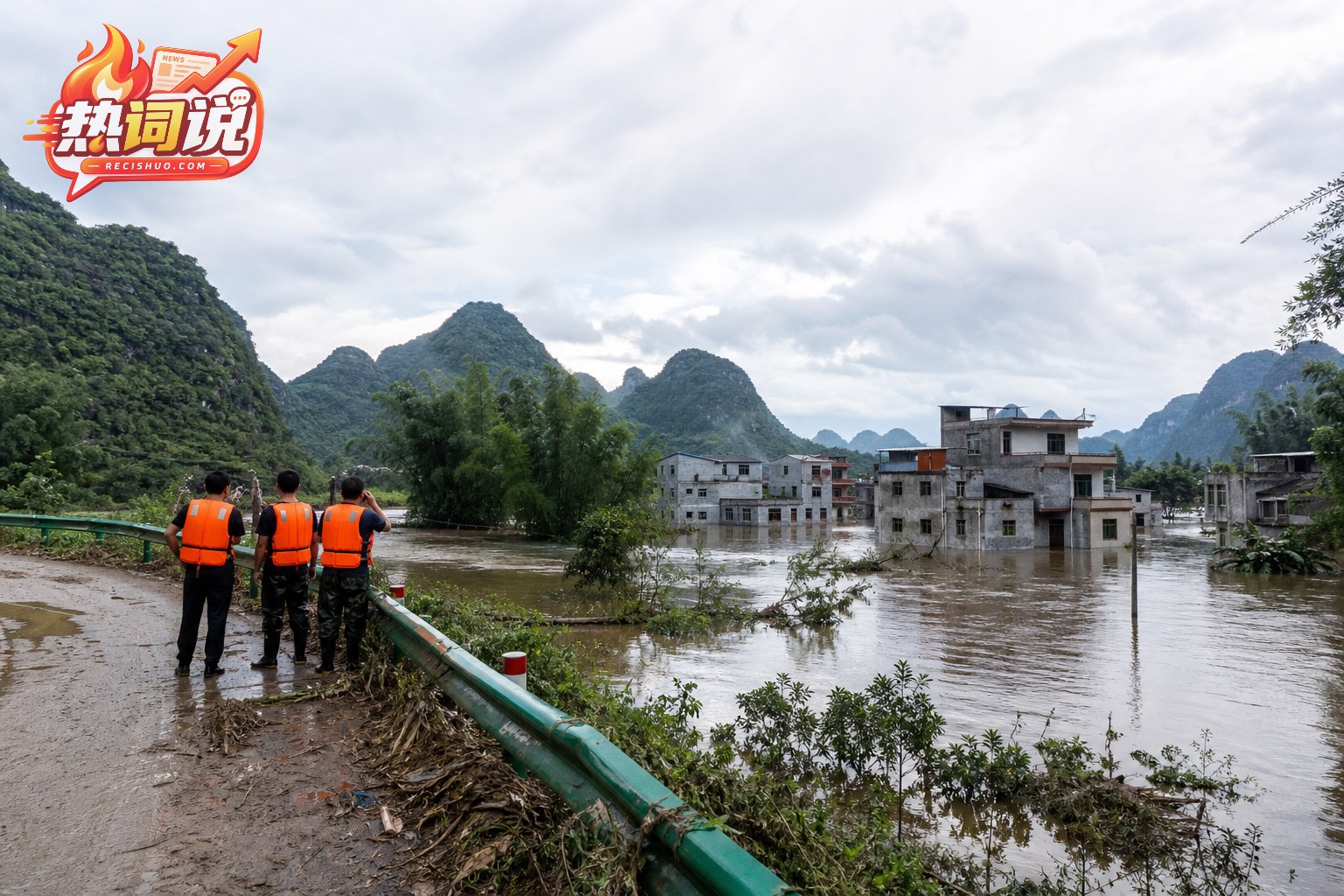 广西山地村庄洪水退去后救援人员在道路旁查看受灾区域