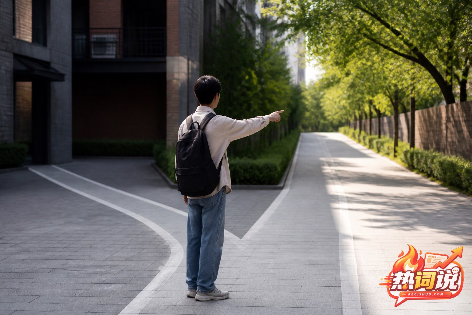 城市步行岔路口,一名背包青年指向通往阳光与绿树的道路