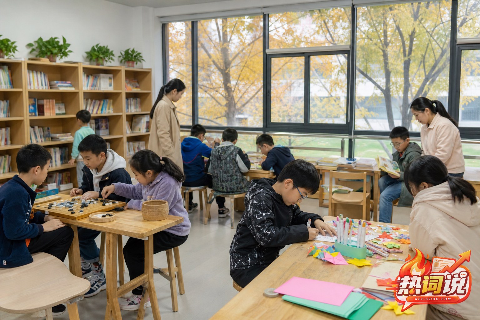 社区活动室内孩子们在工作人员照看下阅读和做手工