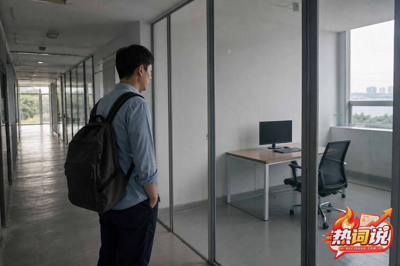 上班族站在远郊办公楼走廊内查看狭小玻璃工位