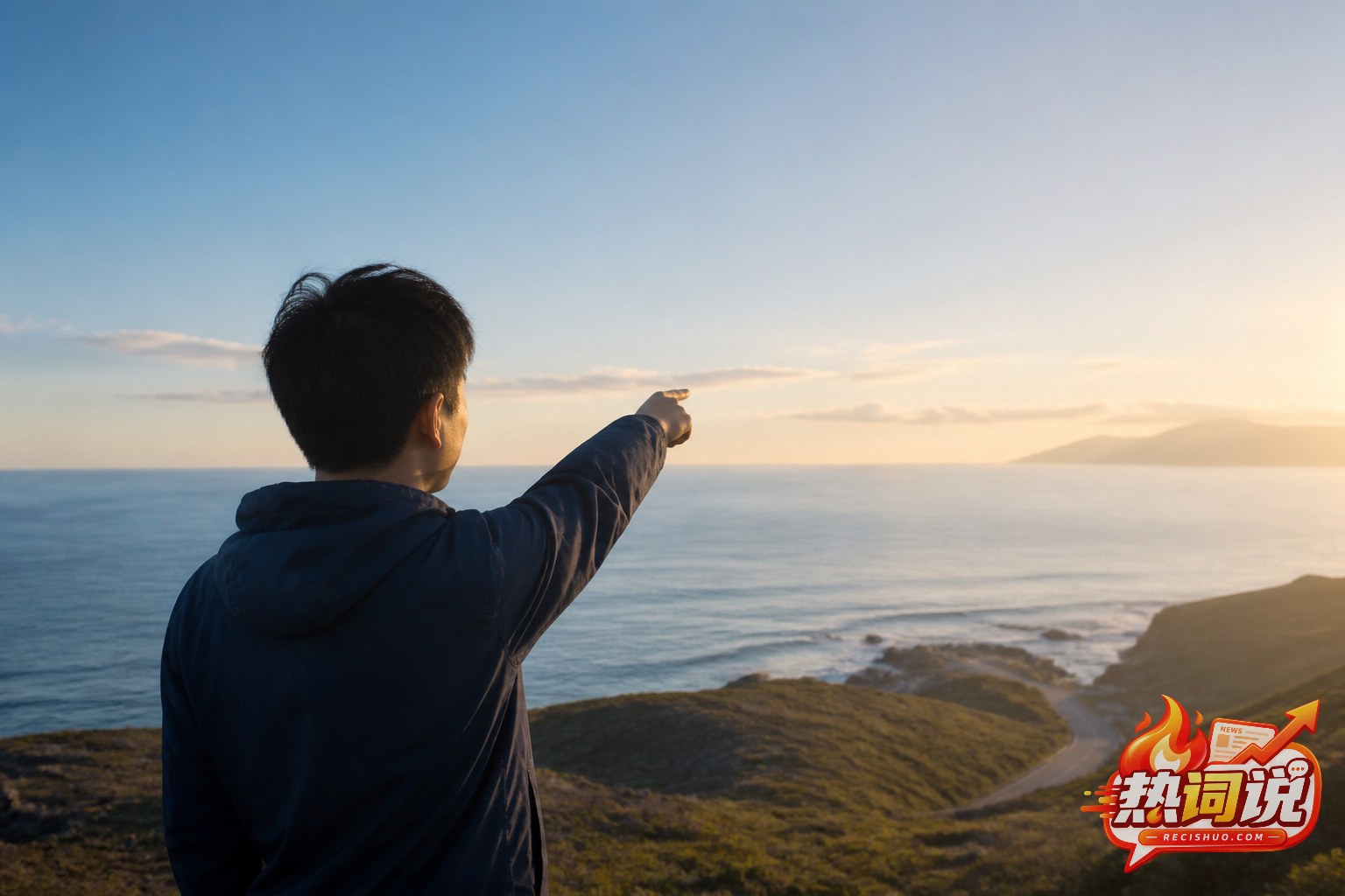 清晨海岸高处,一名年轻人伸手指向远方明亮的地平线