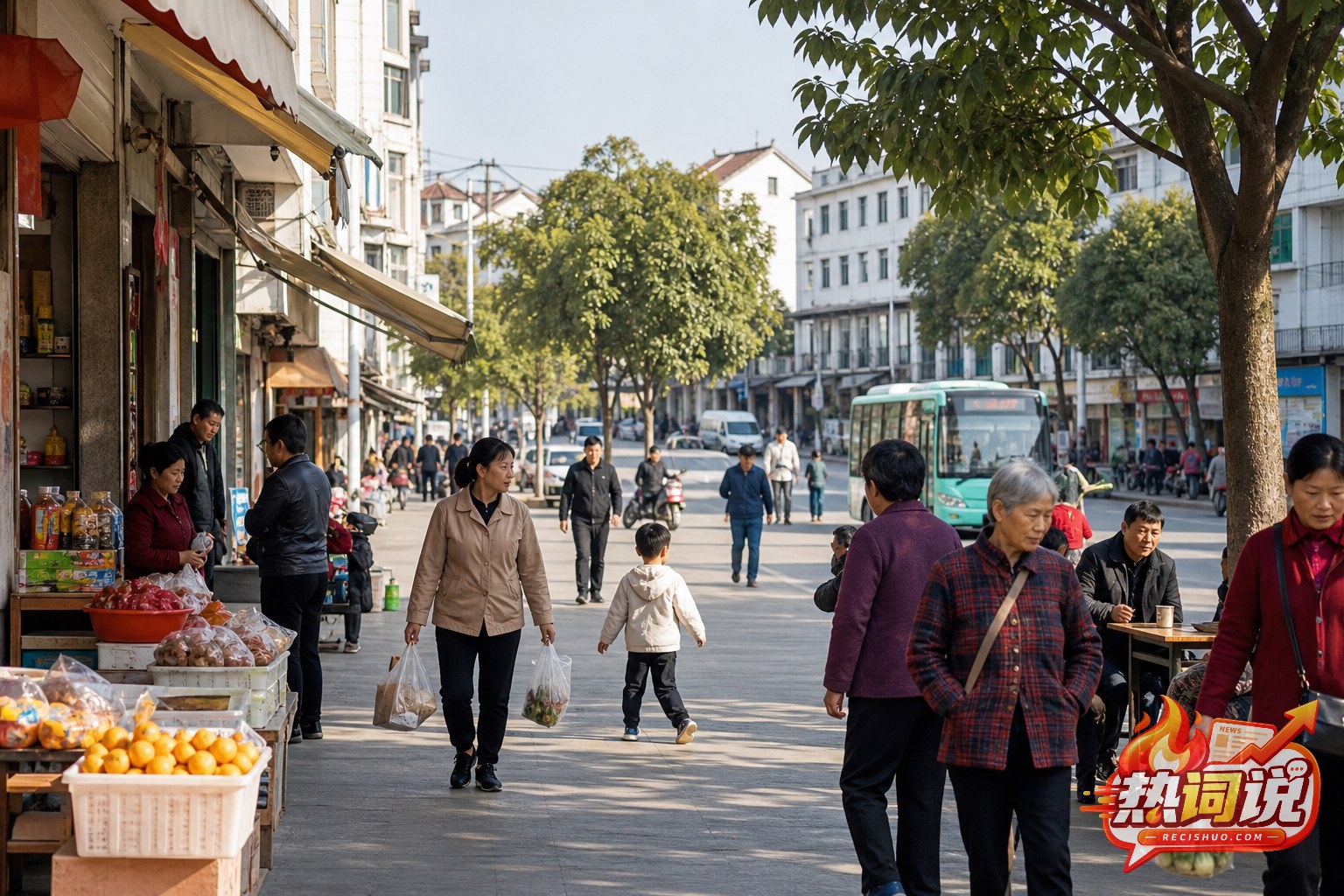 中国县城商业街上居民购物出行、沿街商户有序经营的生活场景