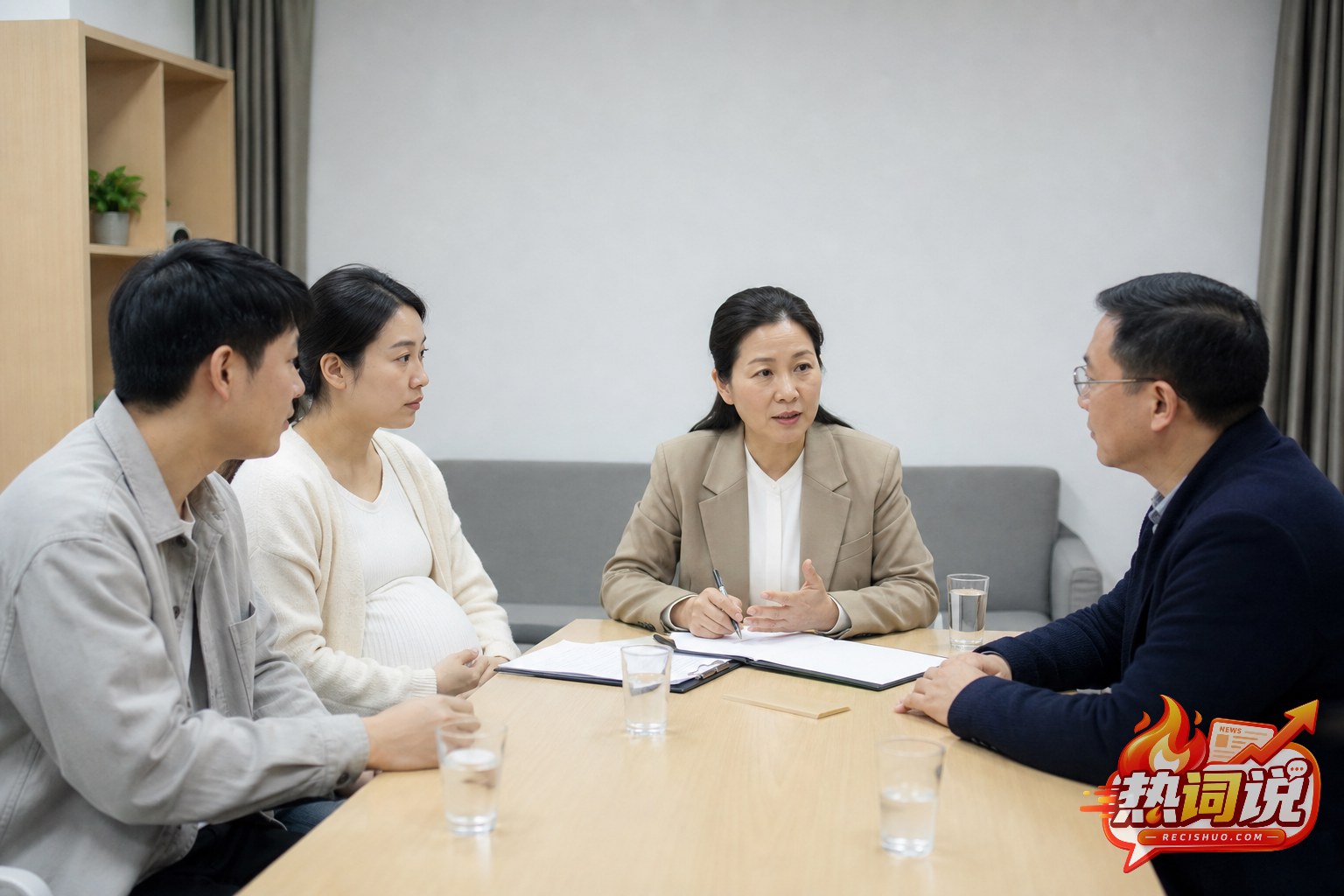 社区调解员与怀孕租客夫妇及房东围桌协商租赁纠纷