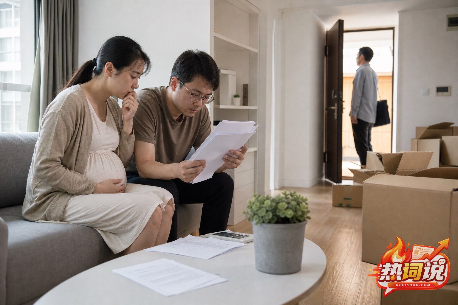 怀孕租客夫妇在出租屋内查看租赁文件,门口放着纸箱并站有房东