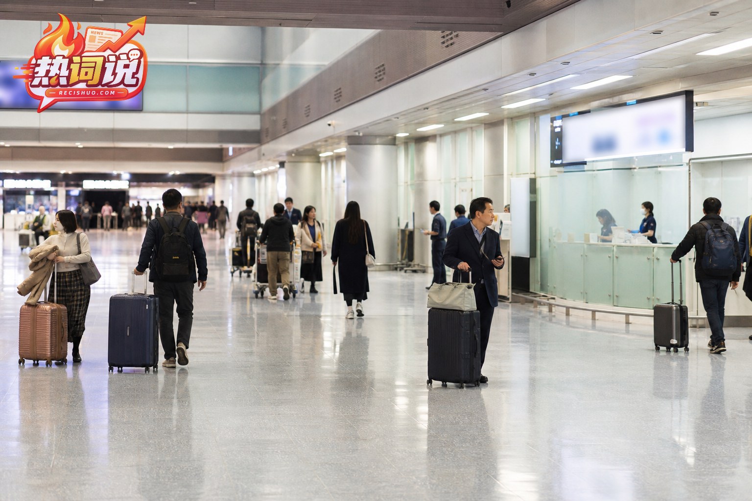 日本国际机场到达大厅内分散通行的入境旅客