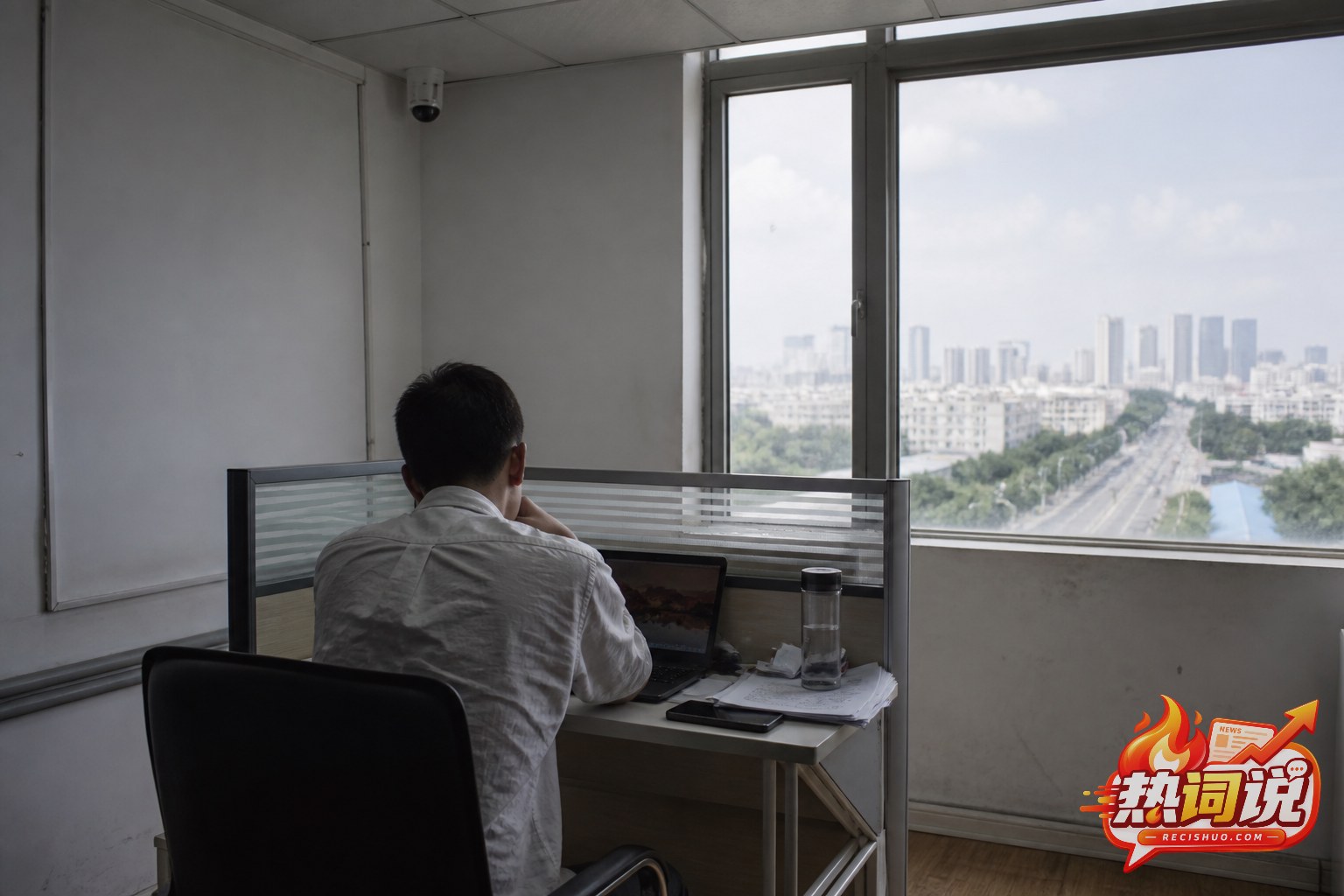 员工独自在城市边缘狭小办公室工位工作的纪实场景