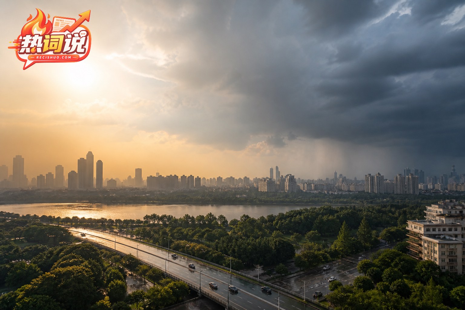 同一座中国城市上空同时出现强烈日照与厚重雨云的夏季异常天气景象