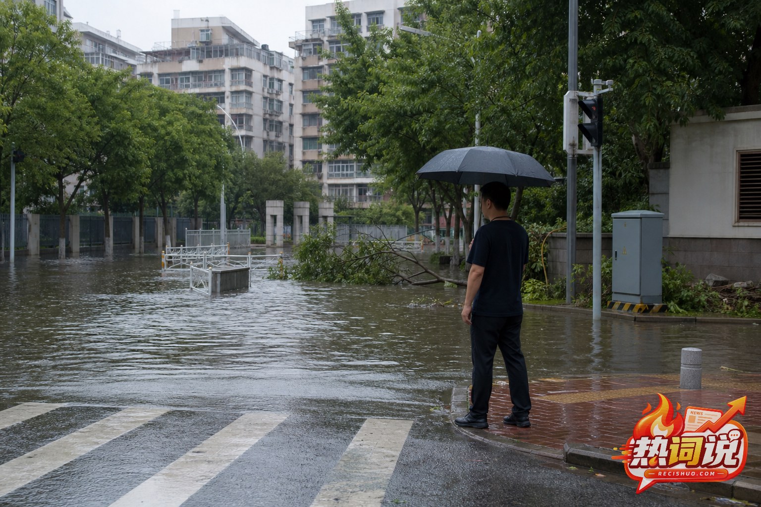 暴雨后居民区路口积水且有树枝倒伏,行人停在路缘准备绕行