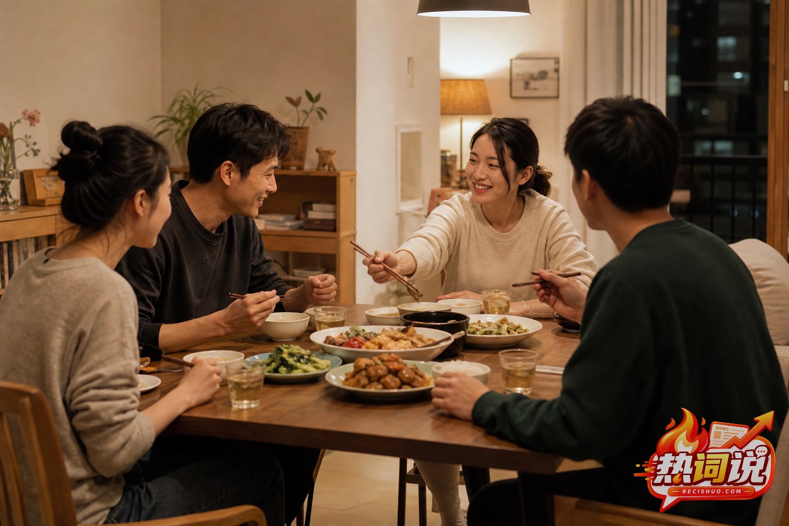 四位朋友围坐餐桌分享家常晚餐的轻松场景