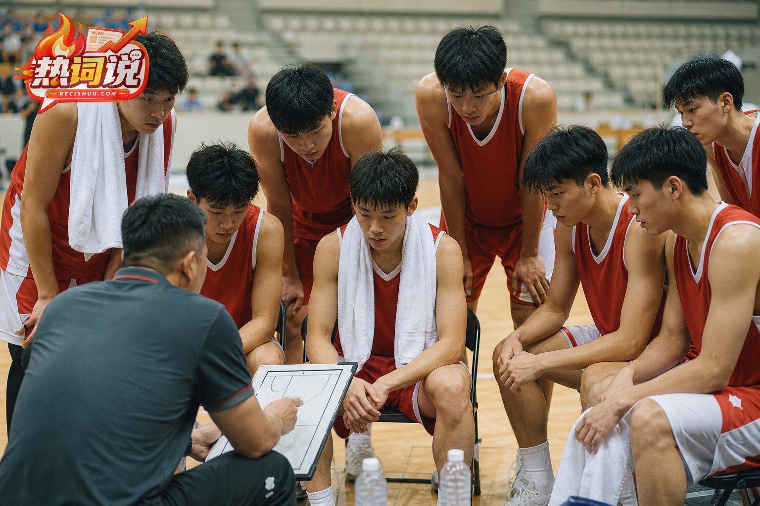 中国青年男篮球员围绕教练和战术板听取暂停部署