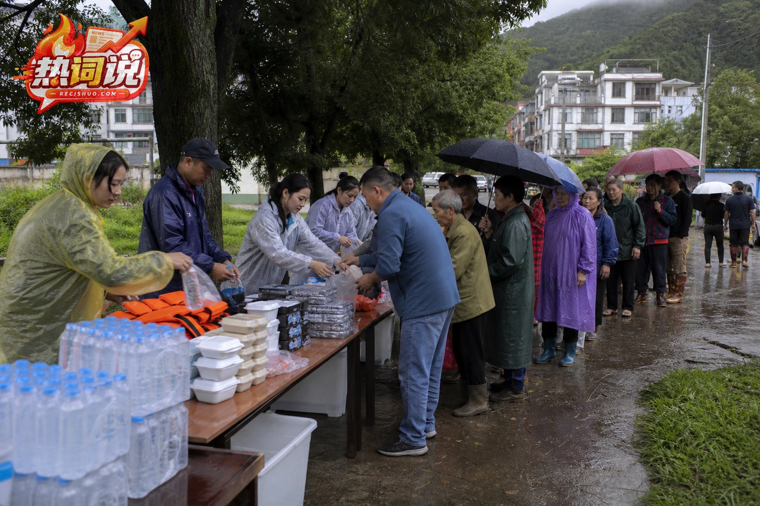 洪灾安置点志愿者在雨后向居民有序发放饮水和生活物资