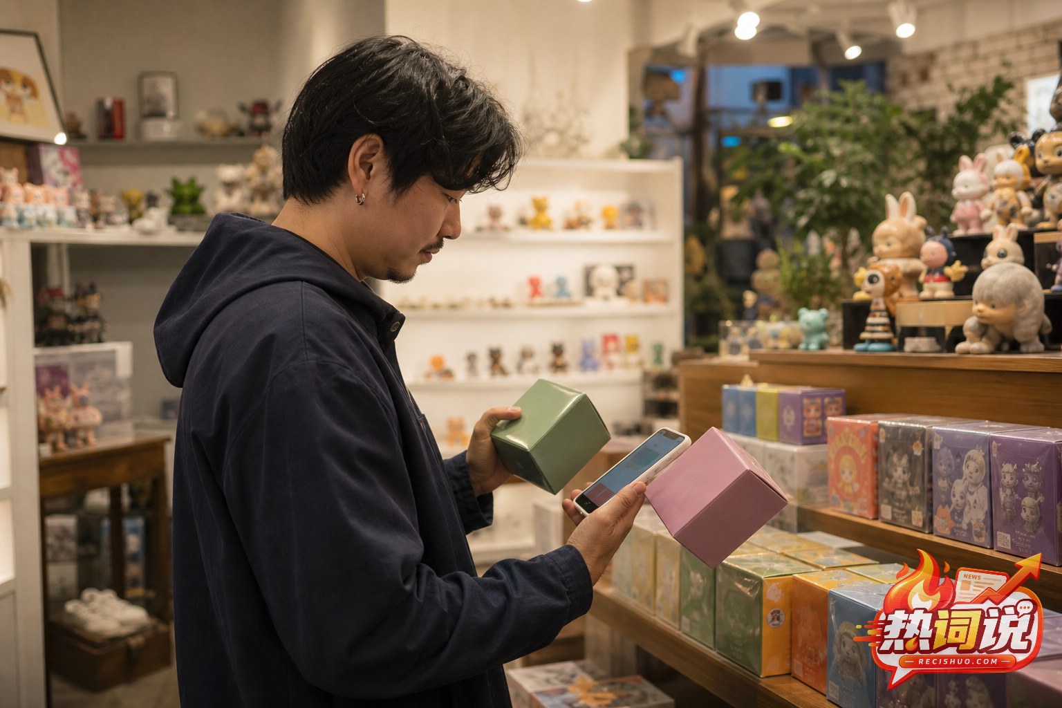 消费者在潮玩店对比商品并用手机核对预算