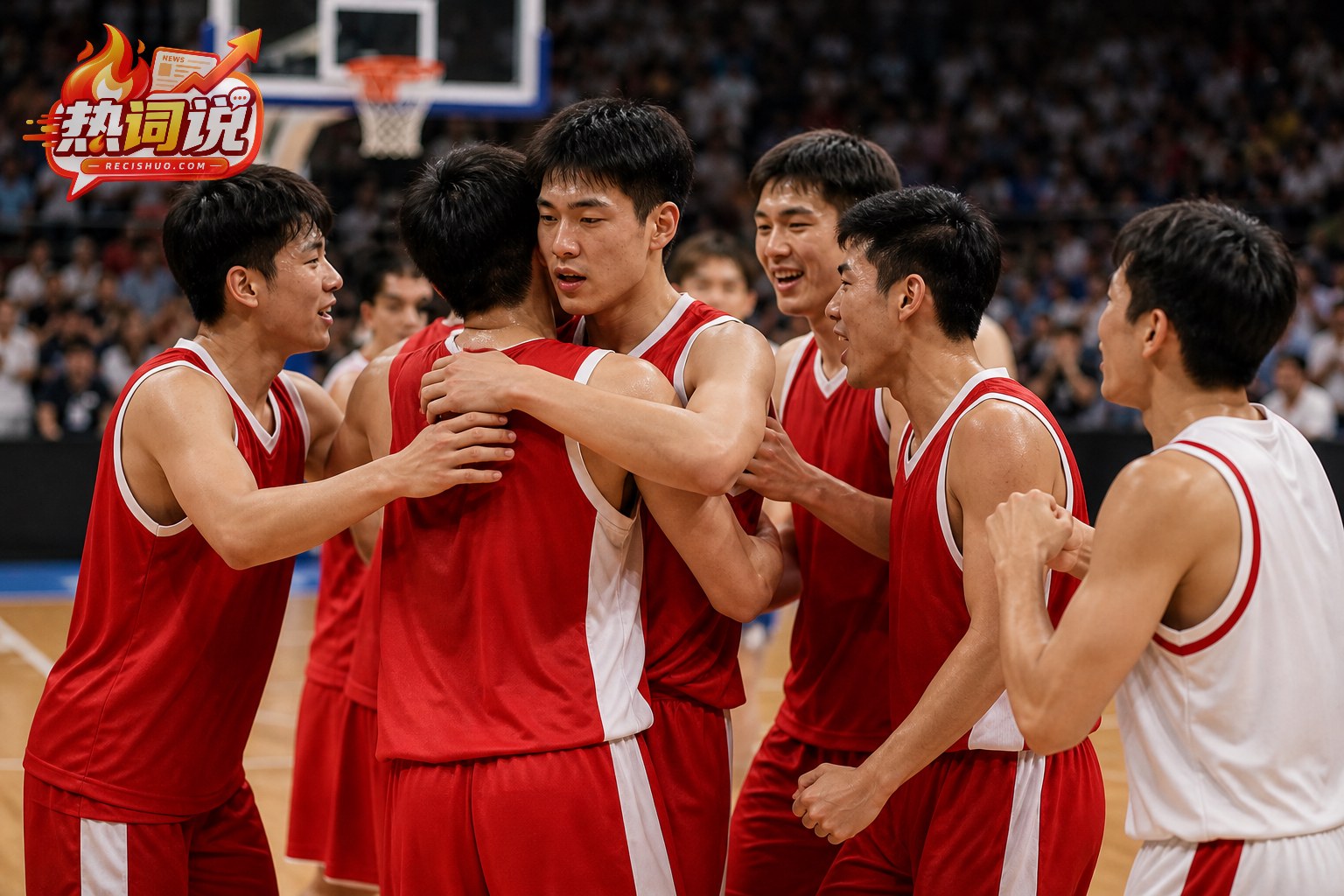 中国青年男篮球员在室内球馆相互拥抱庆祝晋级