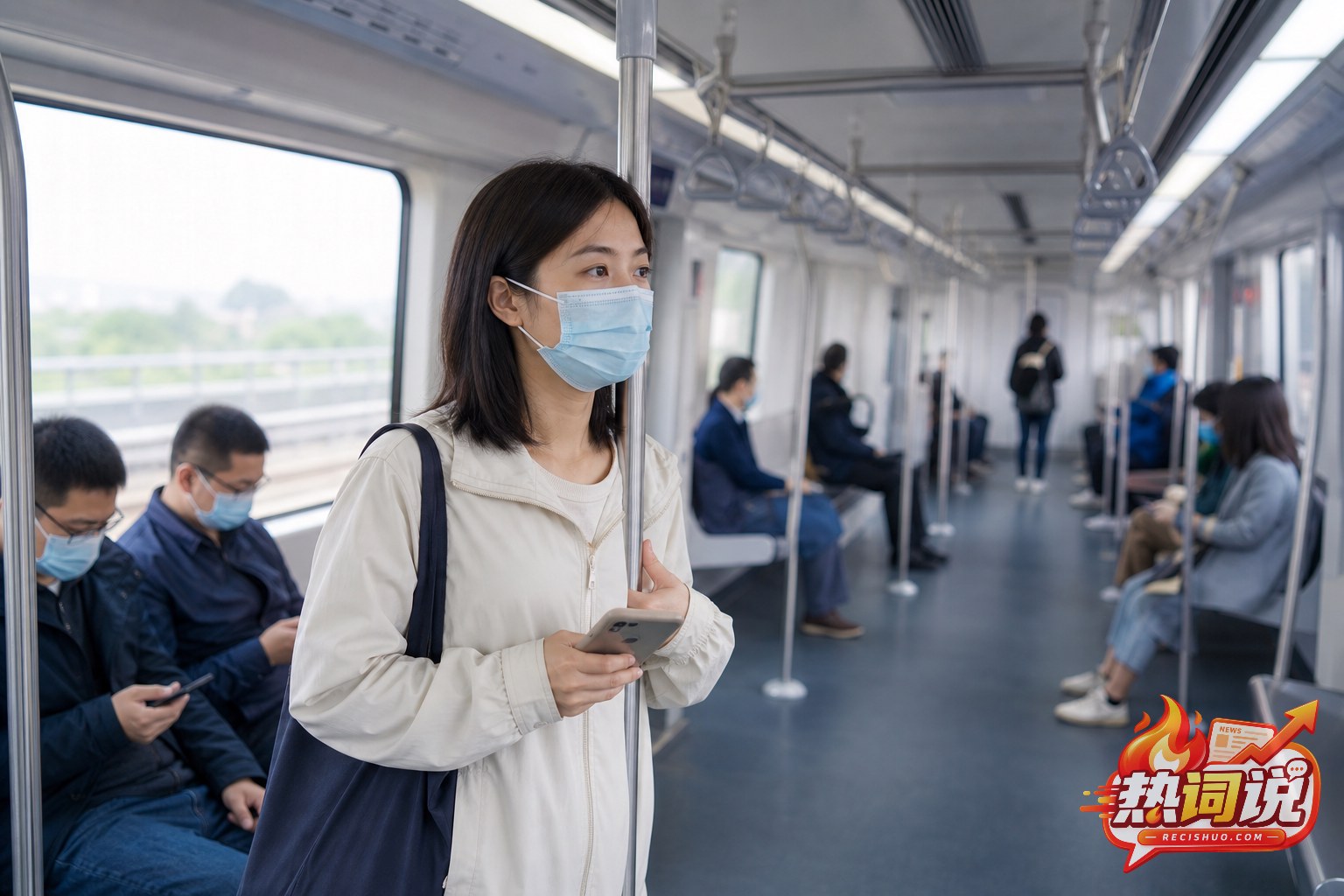 通勤者在城市地铁车厢内规范佩戴口罩