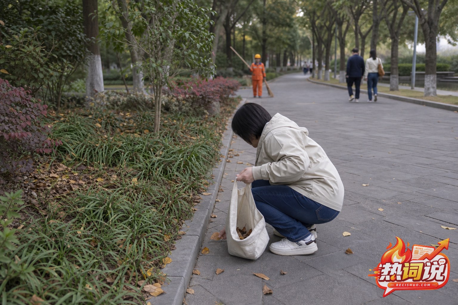 市民在城市公园步道边捡拾自然掉落的树叶,远处有环卫人员和行人