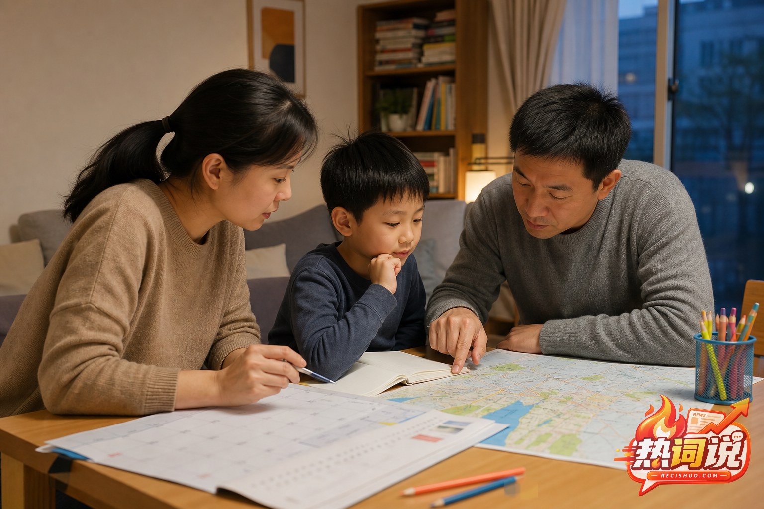 一家三口在家中查看日历和地图规划孩子的秋假安排