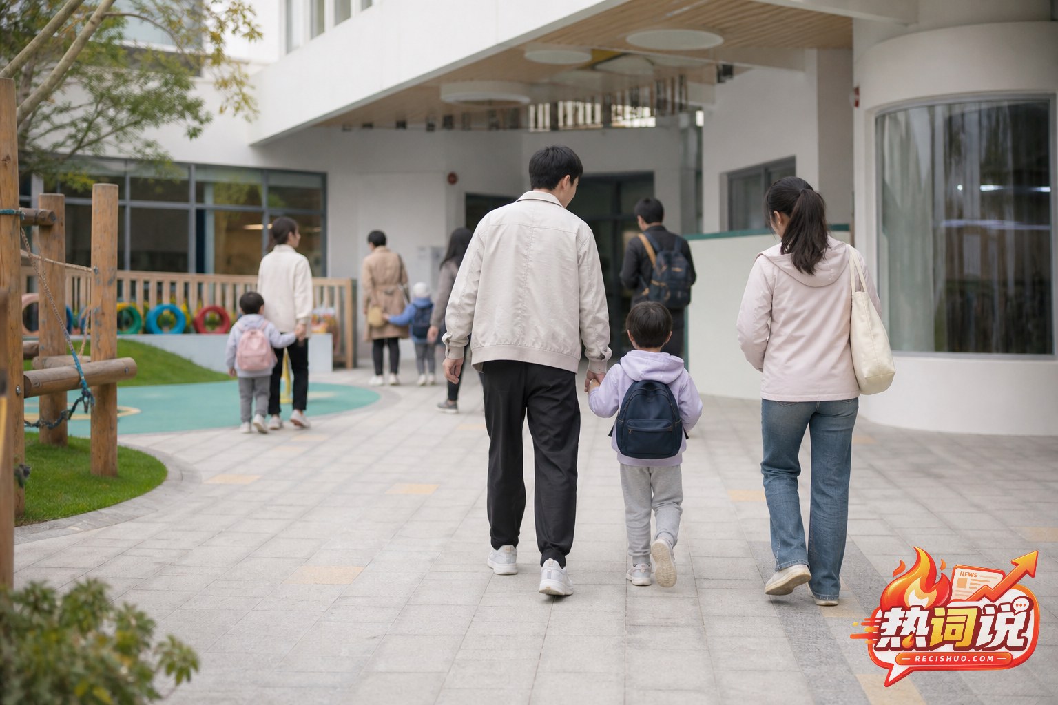年轻父母陪伴学龄前儿童走进社区幼儿园的日常场景