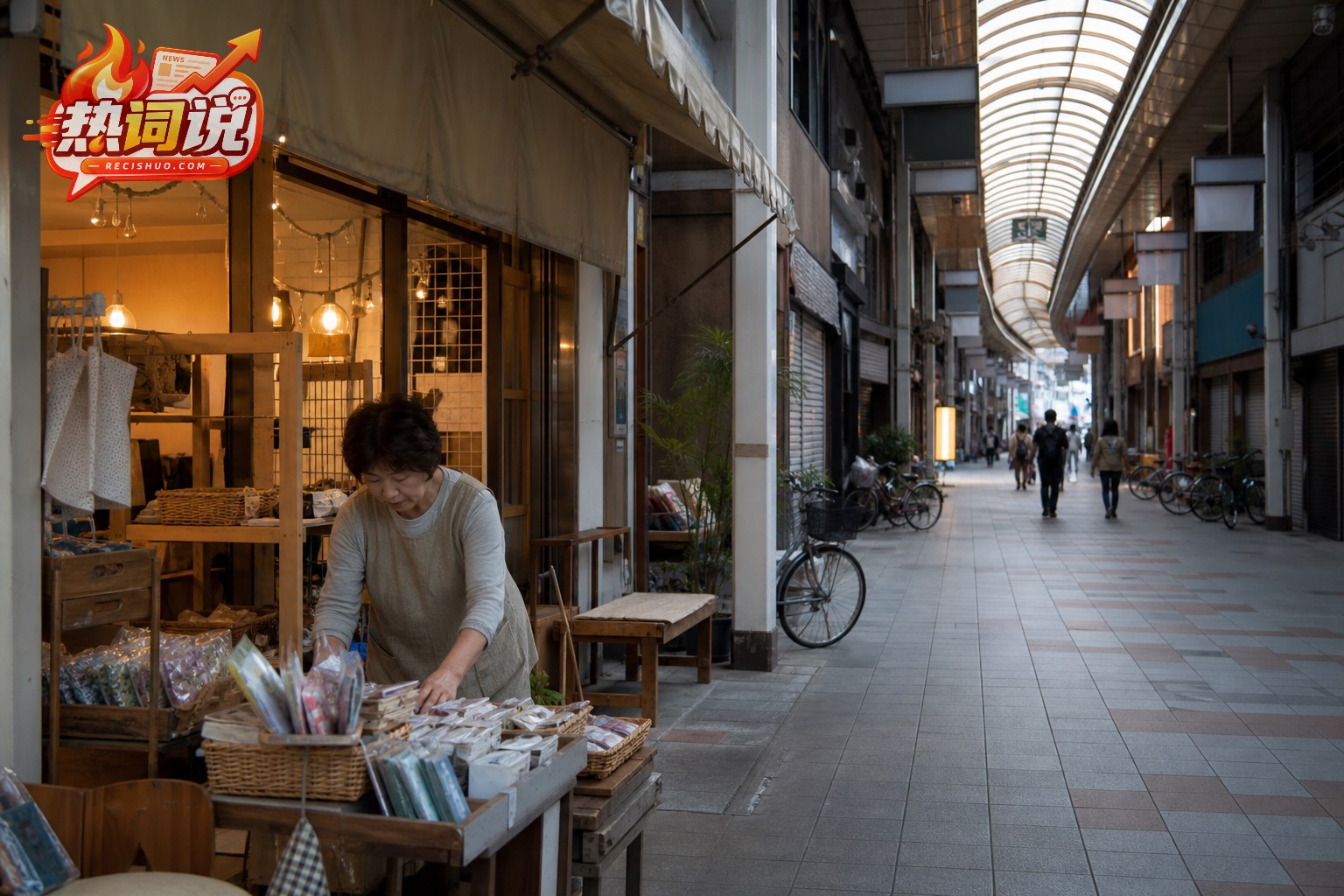 日本地方商店店主在客流不多的商业街整理商品
