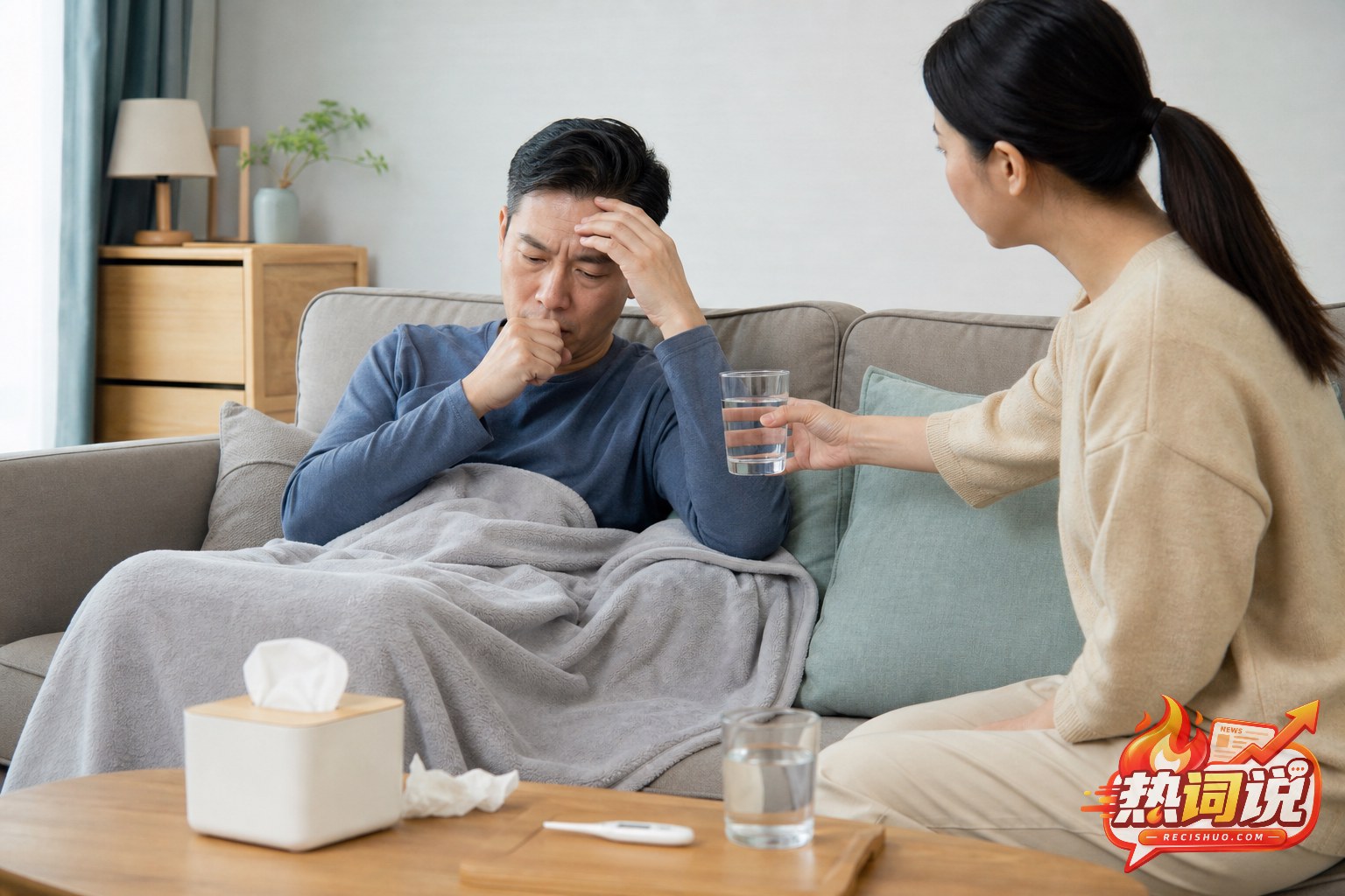 家属为居家休息的咳嗽患者递水并观察身体状况