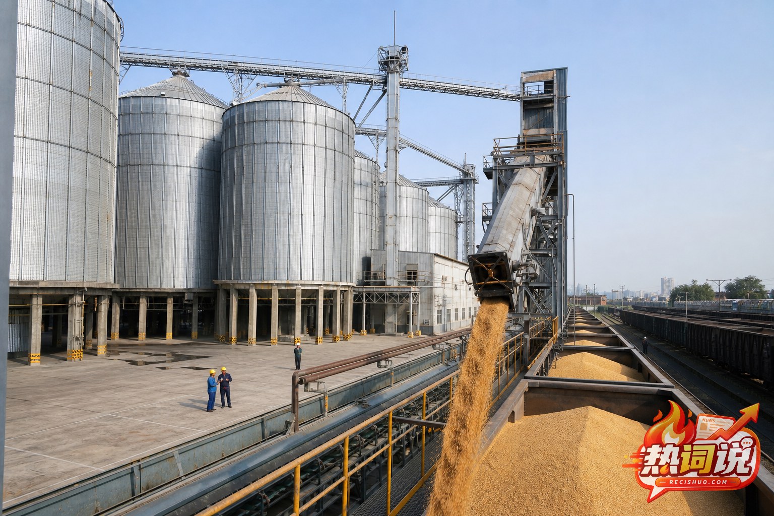 现代粮食仓储基地通过输送设备向铁路货车装运谷物
