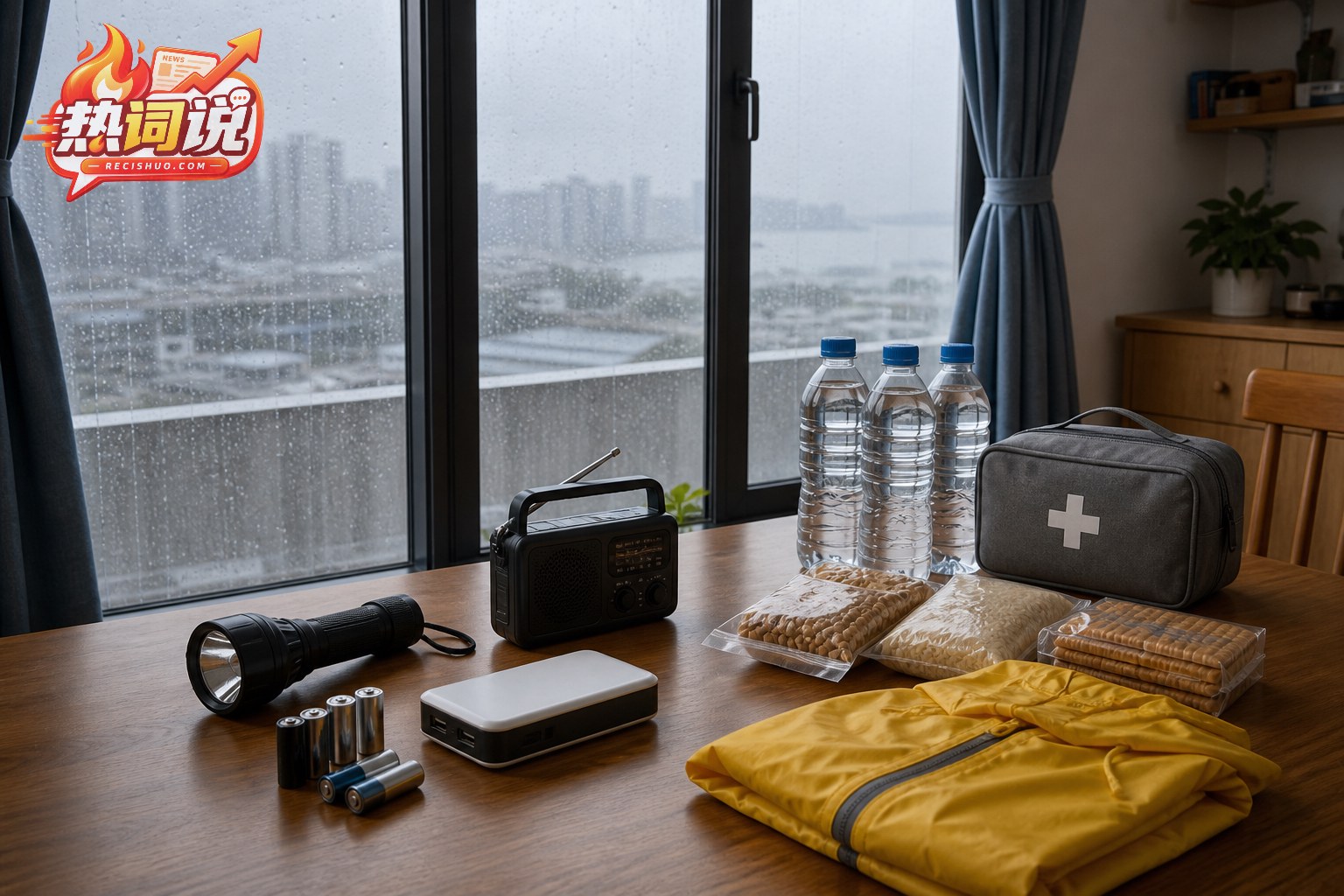 沿海家庭在雨天提前准备照明、饮水和应急物资