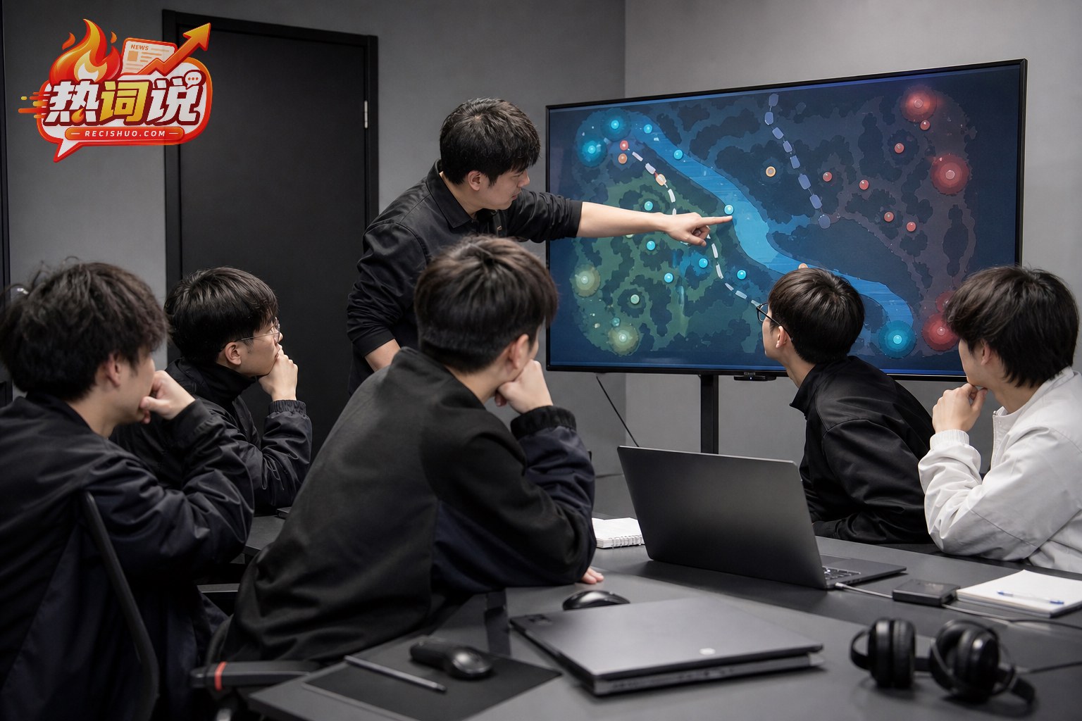 电竞战队成员在后台围绕抽象战术地图进行赛间复盘