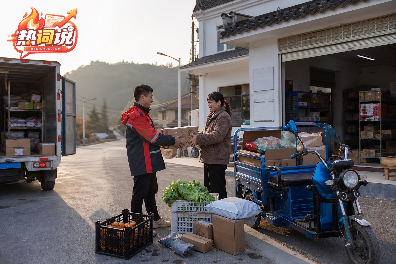 乡镇物流服务站外快递员与村民交接包裹和农产品的场景