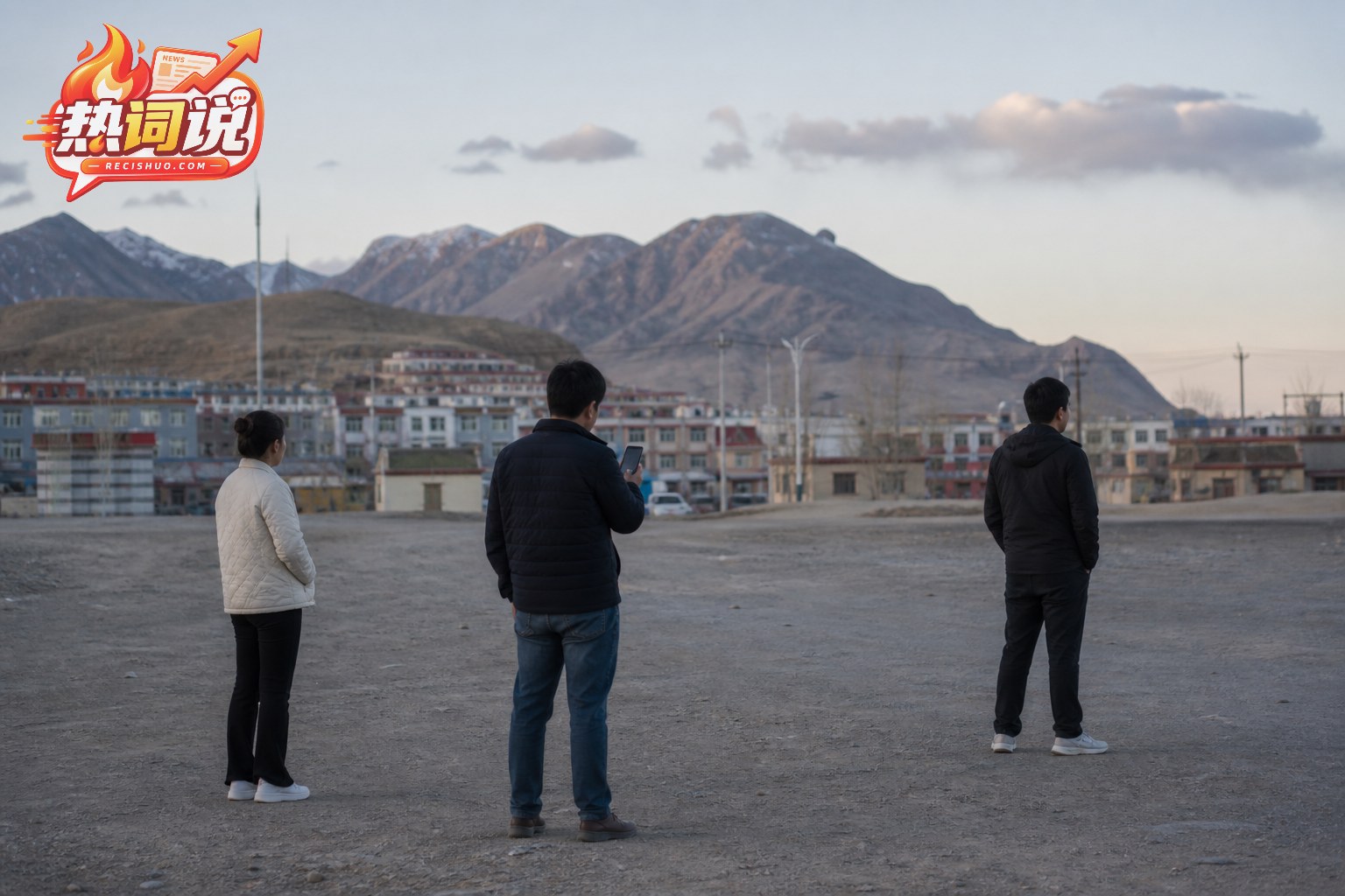 高原城镇居民在远离建筑物的开阔地查看信息并观察环境