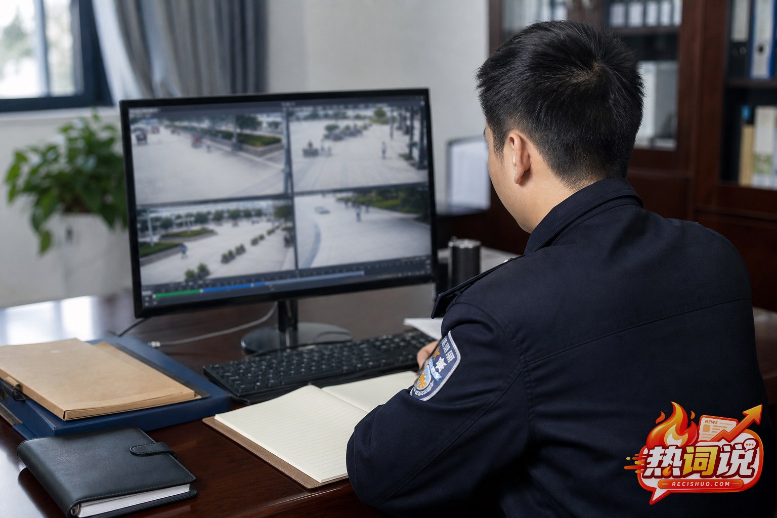 民警在办公室查看公共广场监控并记录调查线索