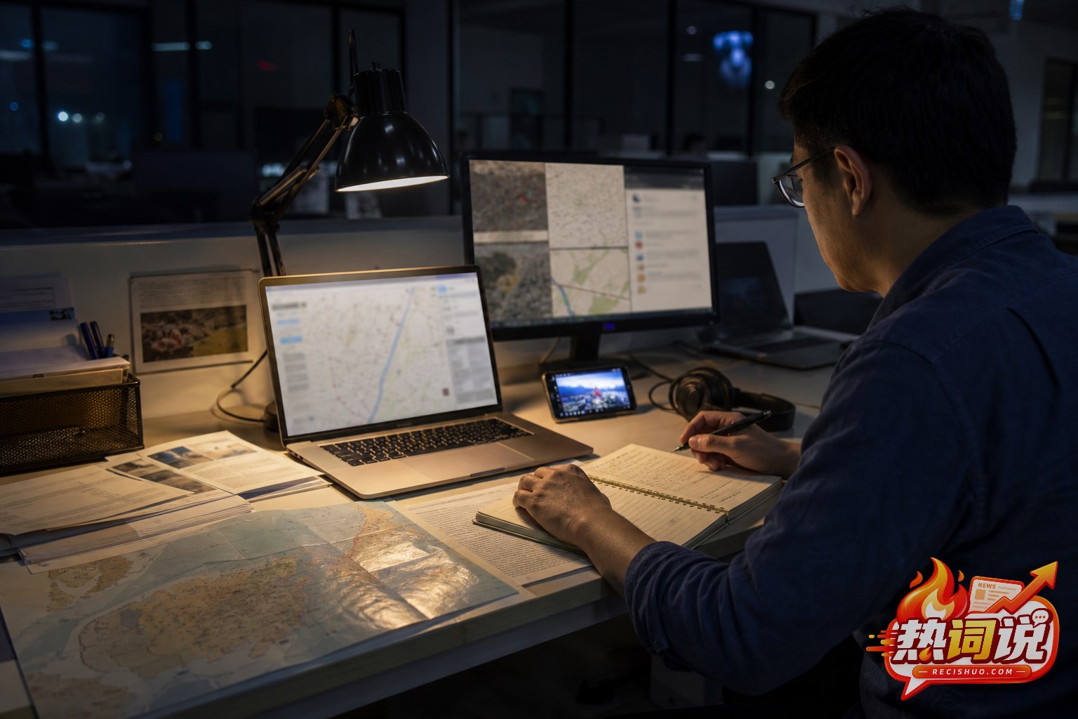 编辑在夜间通过地图和多个信息终端交叉核验突发消息