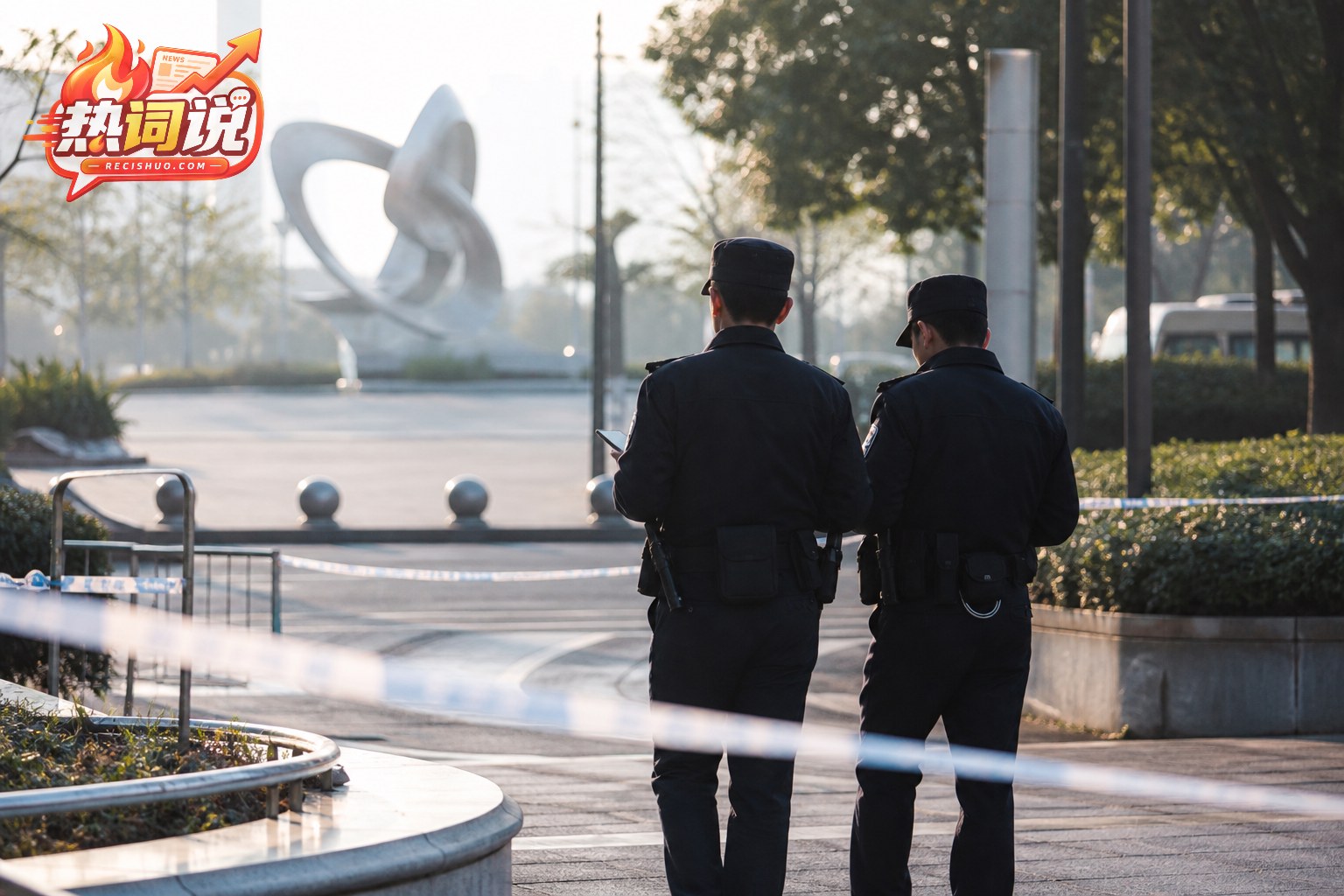 清晨城市广场外围,两名民警背对镜头开展现场调查