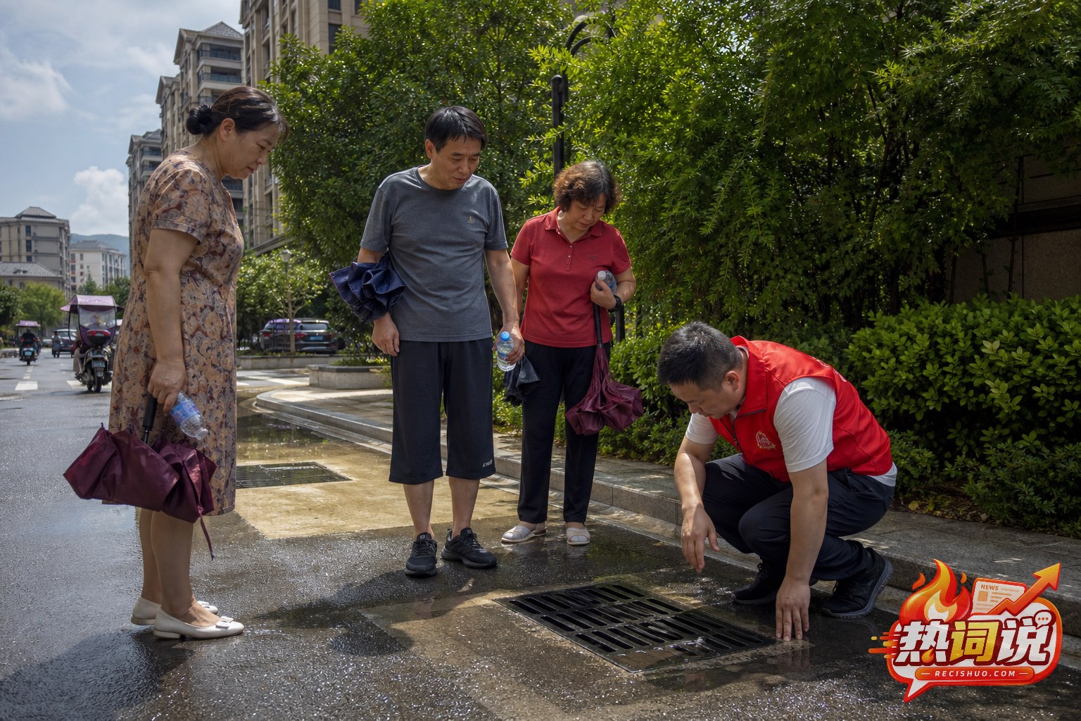 雨后社区居民与工作人员查看道路排水口的防灾准备场景