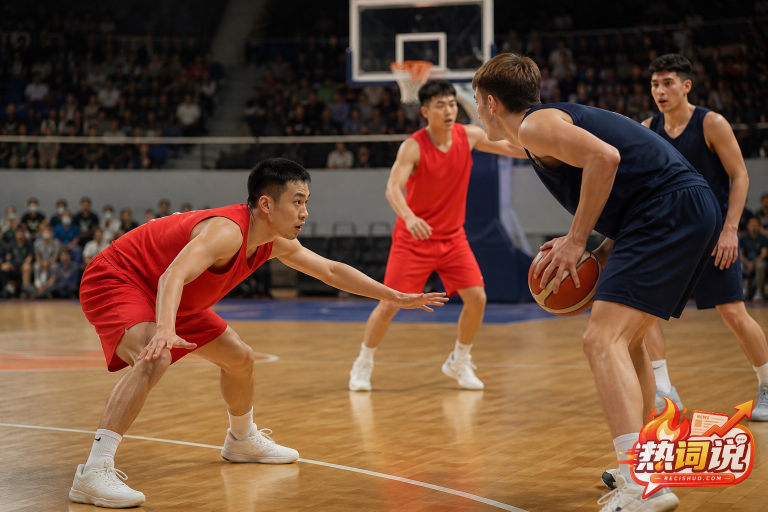 红衣青年篮球运动员在比赛中压低重心进行持球防守
