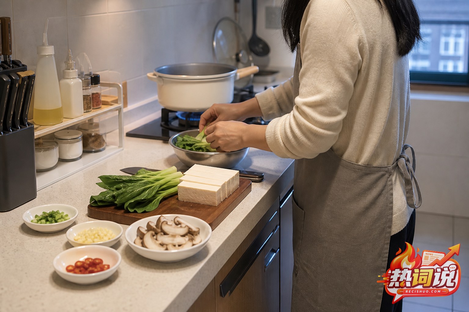 下班后在家用蔬菜和豆腐快速准备晚餐的厨房场景