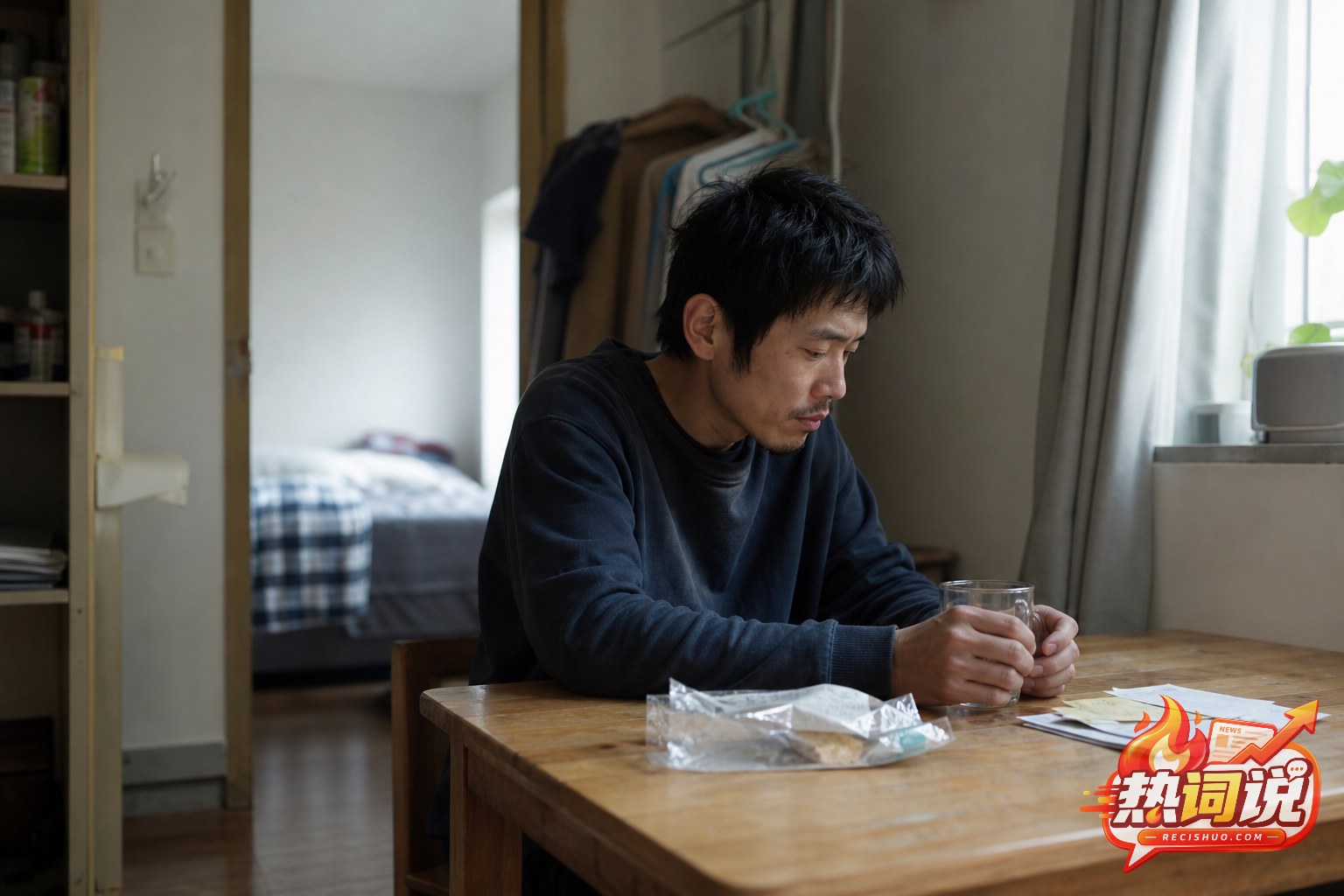 年轻男子在简朴出租屋内面对少量食物和水杯,呈现长期进食不足的生活困境