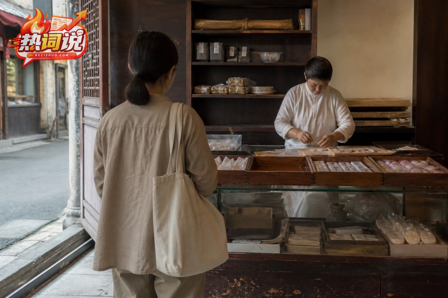 访客在传统老店内观看店员制作商品的日常场景