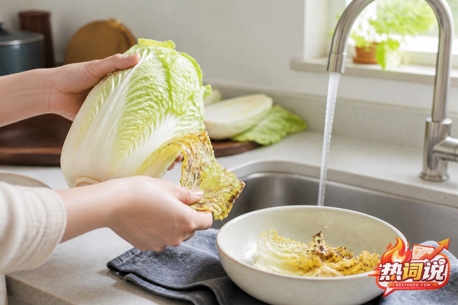 消费者在厨房中剥除大白菜受损外叶并检查菜品状况