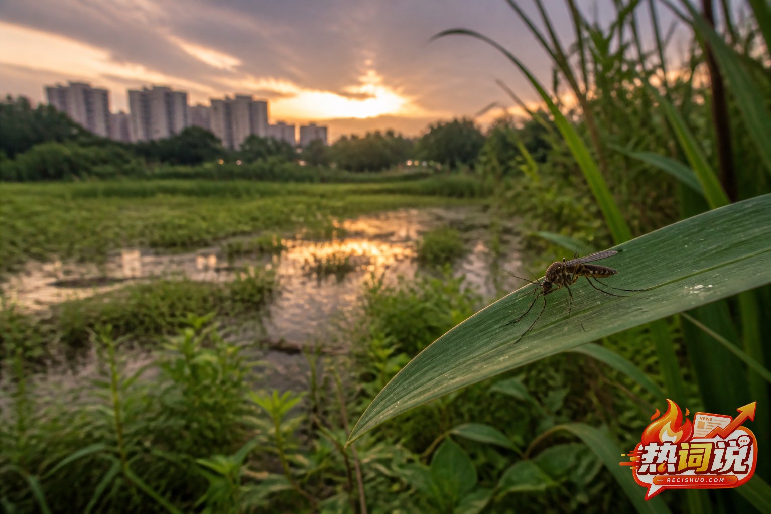 夏日雨后城市湿地旁,一只蚊子停在叶片上的自然生态场景
