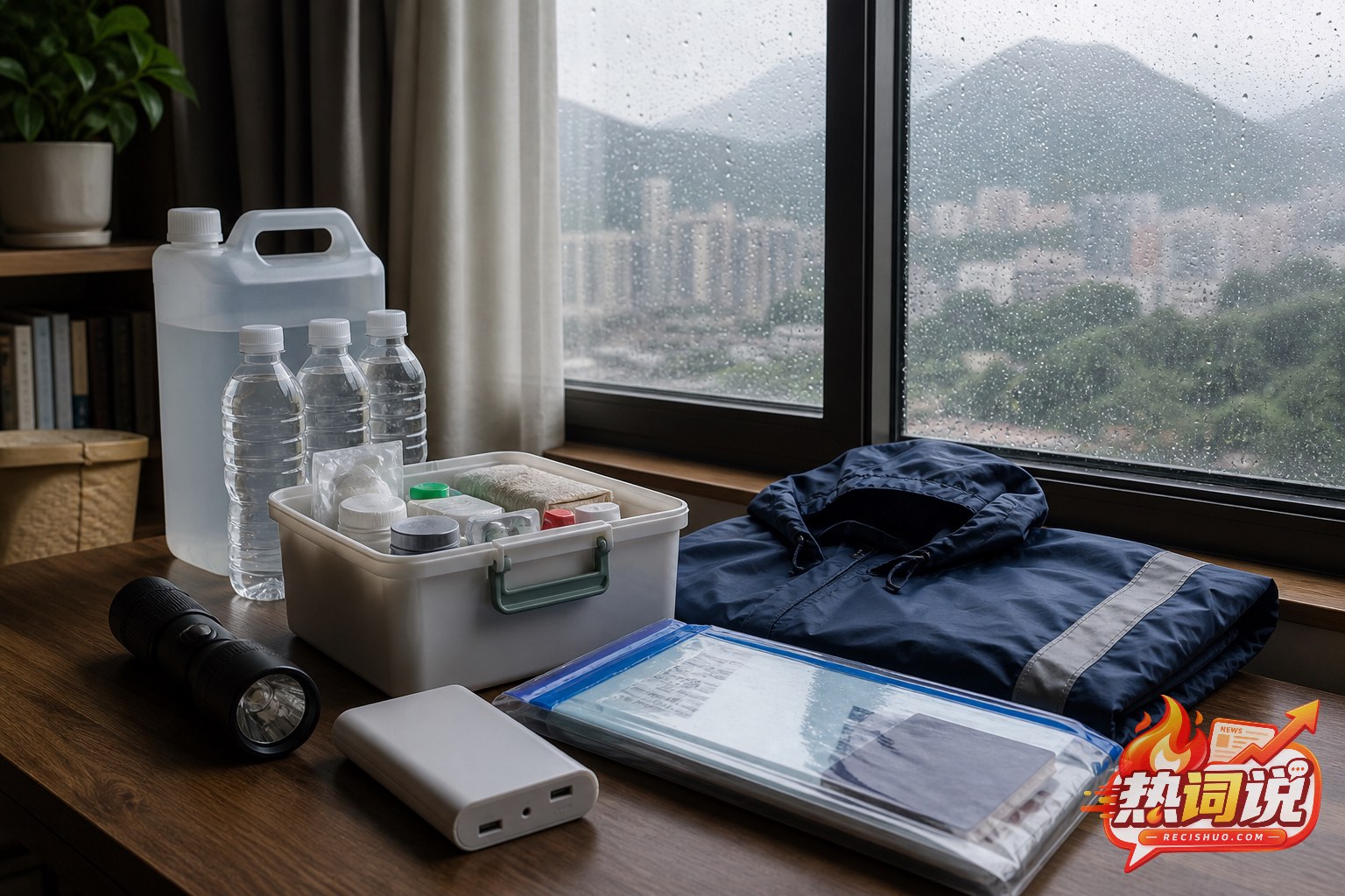 家庭为暴雨山洪风险准备饮用水手电筒雨衣等应急物资