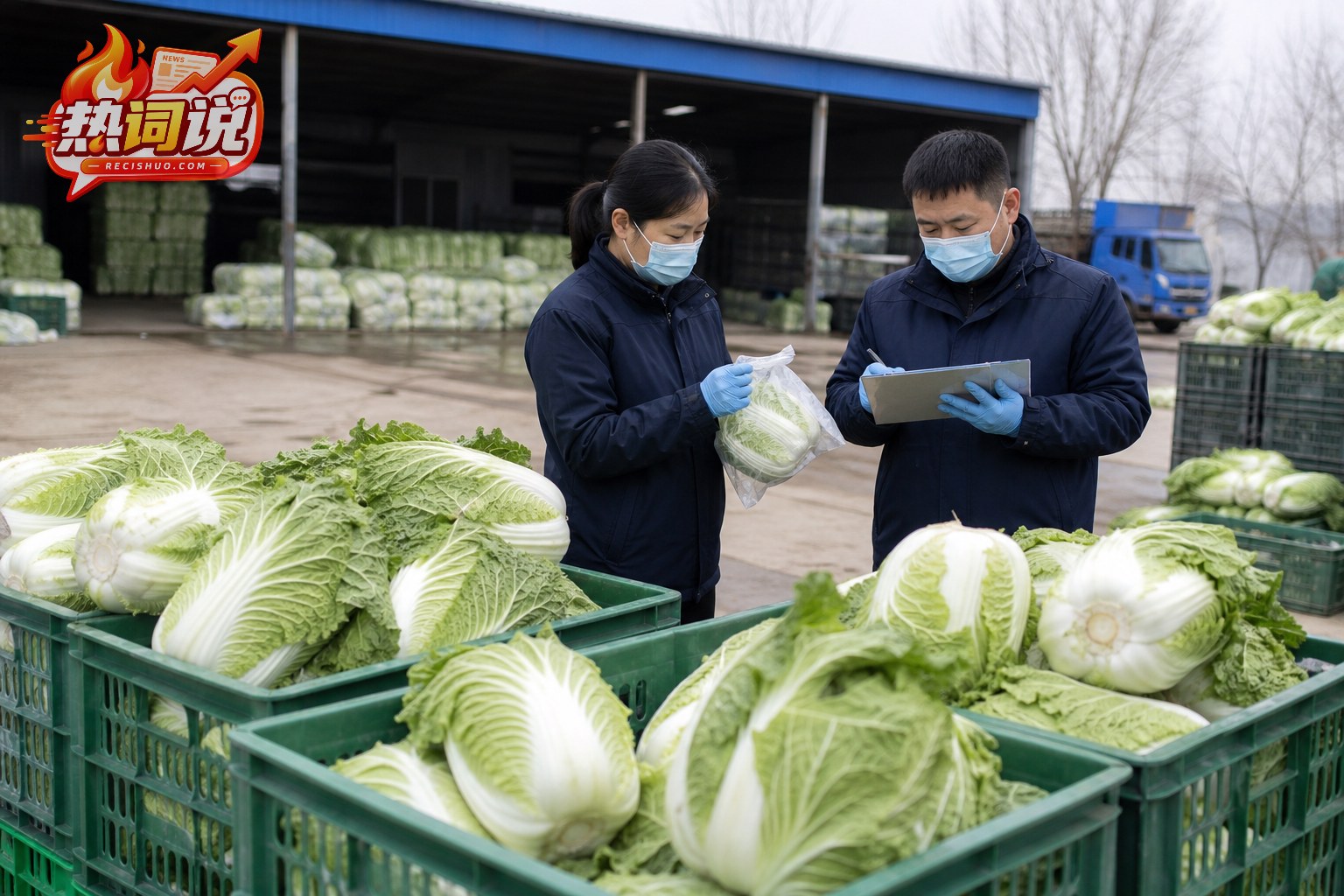 蔬菜收购场地内执法人员对成筐白菜进行抽样检查