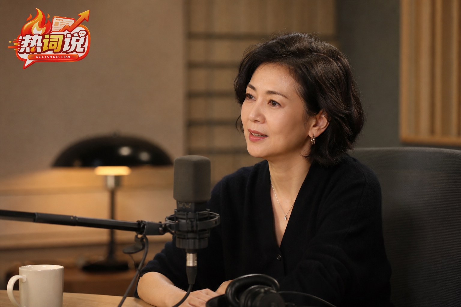 虚构女演员在温暖安静的播客录音棚中接受访谈