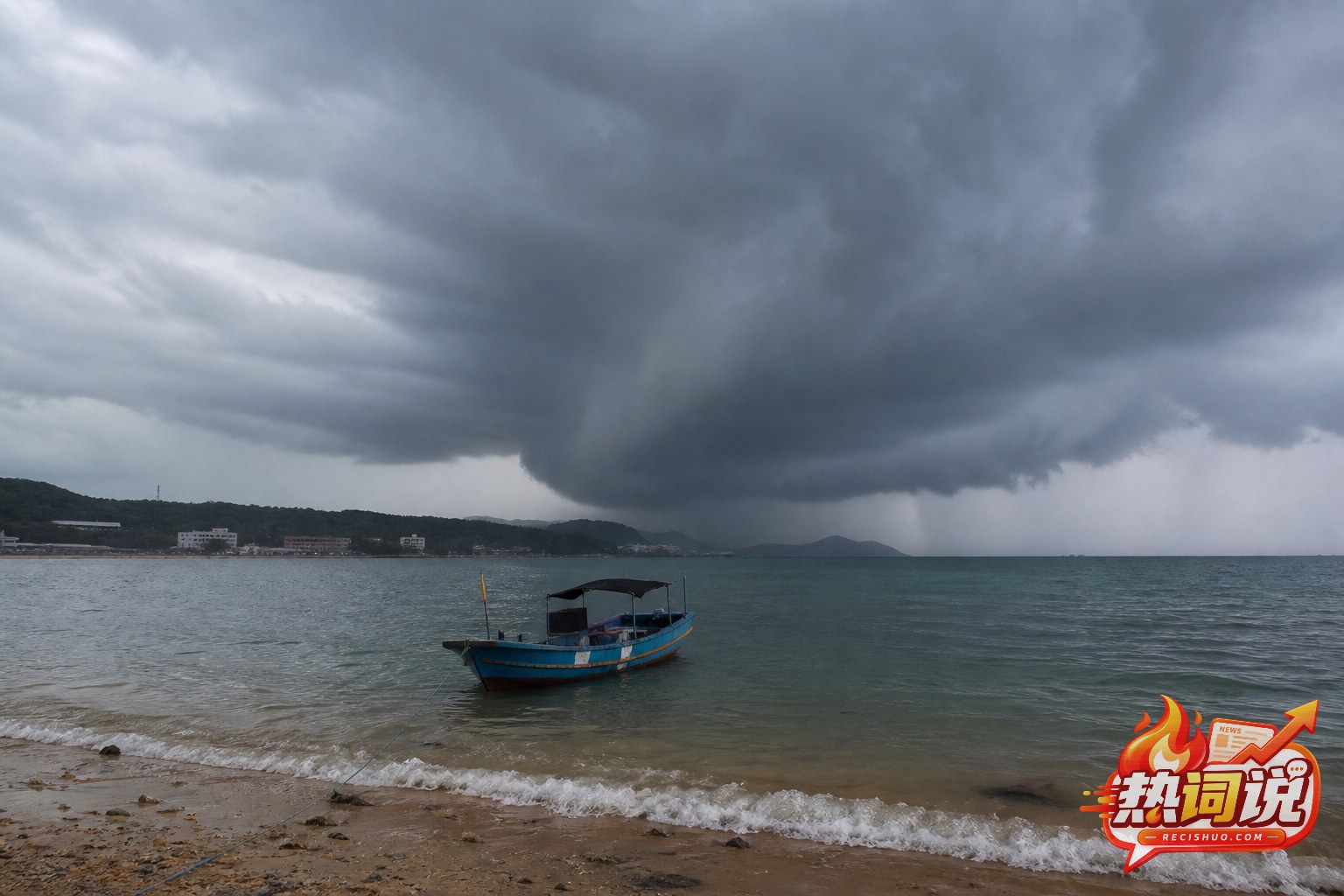 北部湾近岸低垂雨云笼罩海面,一艘渔船已系泊避风